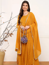Women Mustard Georgette Solid Embroidered Straight Kurta Palazzo With Dupatta-PKSKD2521YLW